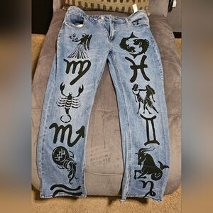 Women's Zodiac Print Blue Jeans Denim
